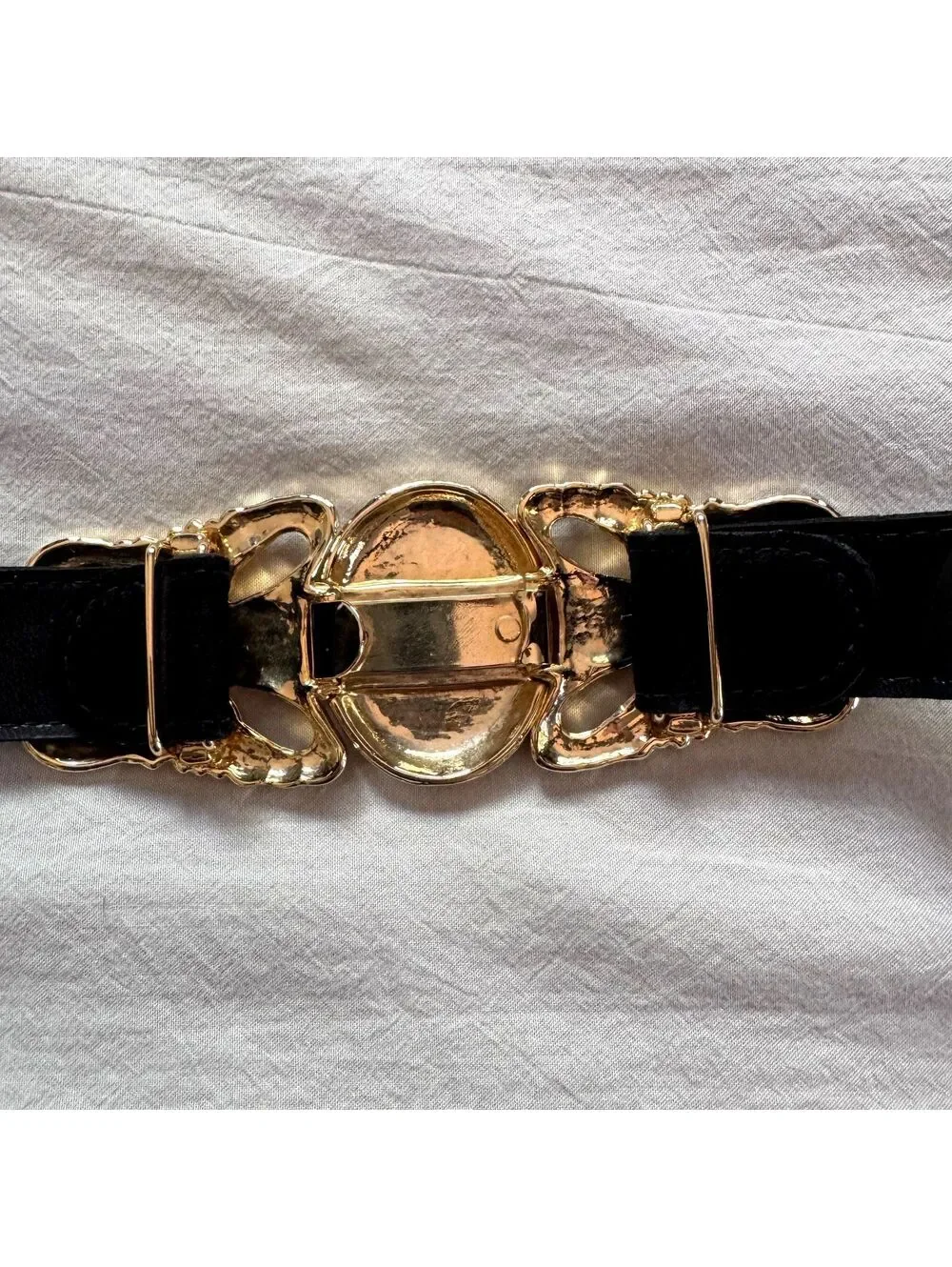 Vintage Black Suede Belt Gold Filigree Butterfly Crystal Buckle Maximalist Boho